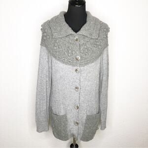 Anthropologie Sleeping on Snow gray crochet pom pom button wool sweater Large